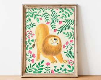 Lion wall art, Jungle art print, Animals painting, Safari animal poster, Rainforest prints, Lion illustration, Boho jungle artwork