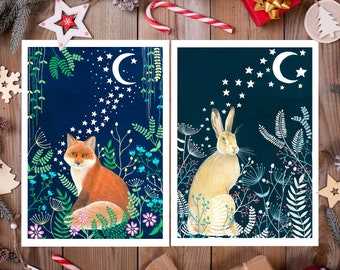 Christmas cards set, Cards pack of 10, Starry sky card, Fox illustration, Celestial painting, 10 greeting cards, Hare art print