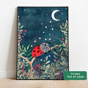 Coccinelle da parete, illustrazioni di insetti, animali che dormono, coccinelle, cielo notturno, stampe per la cameretta dei bambini, decorazioni da parete per neonati, poster per bambini.