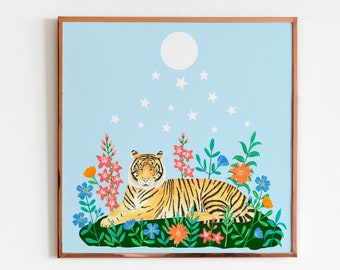 Tiger art print, Jungle illustration, Safari wall art, Animal artwork, Floral painting, Tigers poster, Nursery prints, Nature wall decor