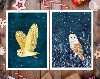 Christmas cards pack of 10, Barn owl artwork, Winter illustration, Set greeting cards, Night sky painting, Holiday card, Forest animals art