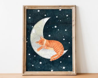 May include: A framed illustration of an orange tabby cat sleeping on a crescent moon against a dark blue starry night background.