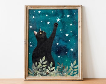 May include: A black cat with yellow eyes reaches up towards a white star in a blue and green watercolor night sky. The cat is surrounded by green leaves.