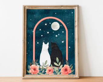 May include: A framed print of two cats sitting side-by-side, looking up at a full moon in a starry night sky. The cats are silhouetted against a peach-colored archway, and there are pink flowers in the foreground.