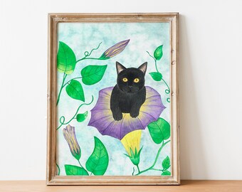 Black Cat Poster: Kitten with Flowers Painting, Whimsical Animal Illustration