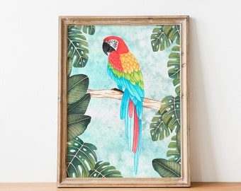 Red Parrot Painting: Tropical Jungle Print, Living Room Decor