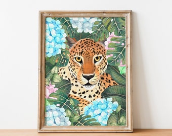 Jungle leopard print, Tropical wall art, Animal illustration, Jungle painting, Rainforest prints, Cheetah poster, Big cat wall decor
