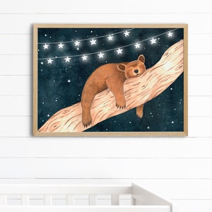 Sleeping bear print, Forest animal wall art, Nursery prints, Woodland painting, Bear illustration, Night animals poster, Baby room decor