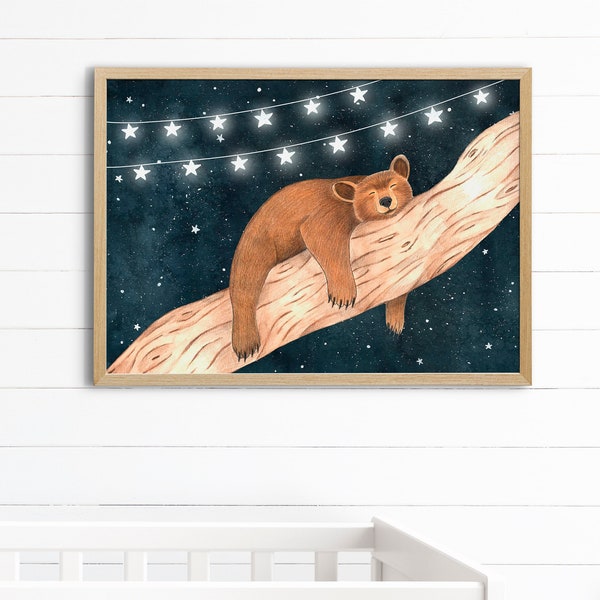 Impression d'ours endormi, art mural animal de la forêt, impressions de chambre de bébé, peinture de forêt, illustration d'ours, affiche d'animaux de nuit, décoration de chambre de bébé