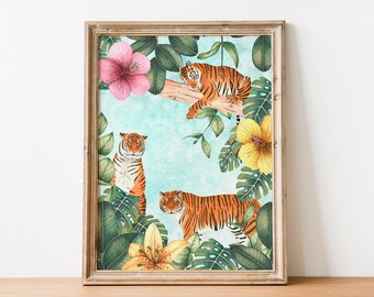 Lámina artística de tigre: ilustración de animales de la selva, decoración para habitación infantil