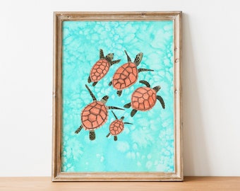 Turtle art print, Sea animal wall art, Turtles illustration, Marine artwork, Coastal wall decor, Beach home decor, Nursery prints, kids art