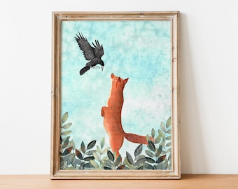 Fox and crow print, Fox wall art, Crow illustration, Animal painting, Forest artwork, Kids room decor, Nursery prints, Woodland animals