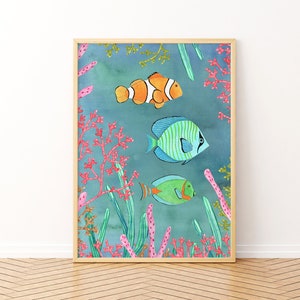 Stampa di pesci tropicali, arte di pesci colorati, arte murale della vita marina, pittura dell'oceano, arredamento per la casa sulla spiaggia, stampe per bambini, poster di animali, arte per bambini