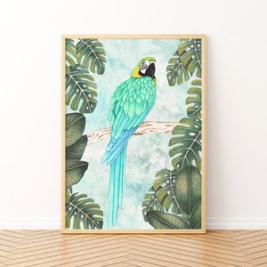 Arte murale con pappagallo, stampa artistica di uccelli, illustrazione della giungla, decorazione murale tropicale, stampe della foresta pluviale, dipinto di animali, poster di pappagallo, uccelli esotici