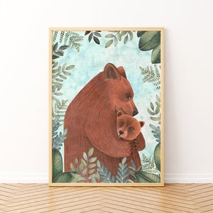 Stampa artistica di mamma orsa, decorazione da parete per la cameretta dei bambini, dipinto del bosco, poster di animali della foresta, illustrazione di animali, cameretta per bambini, opere d'arte di orsi, stampe per bambini