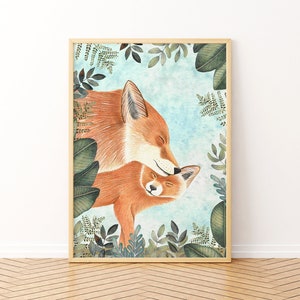 Arte de pared de mamá zorro, impresión de arte de zorros, decoración de guardería para bebés, pintura del bosque, cartel de animales del bosque, habitación para niños, obras de arte de animales, ilustración de zorro