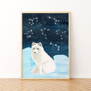 Stampa artistica di volpe artica, stampa murale di volpe bianca, decorazioni per la cameretta dei bambini, illustrazioni di animali, decorazioni per la cameretta dei bambini, arte delle costellazioni, dipinto del cielo notturno