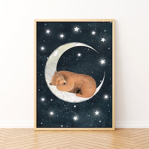 Lámina de oso, Arte mural para guardería, Ilustración de luna y estrellas, Ilustración de oso, Póster de animales del bosque, Animales del bosque, Decoración para bebés, Láminas infantiles