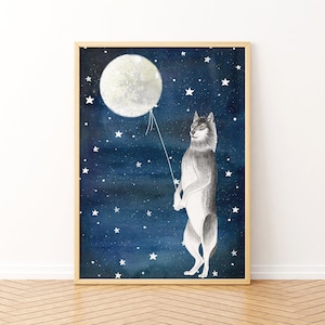 Wolf Illustration, Nachthimmel Mond Illustration, Nachthimmel Bild, Mond Bild, Waldtier Bild, Waldtier Bild, Baby Poster, Baby Bild