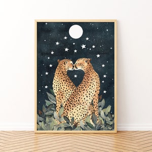Geparden Wandkunst, Dschungel Illustration, Safari Tier Druck, Nachthimmel Gemälde, Leopard Kunstwerk, Kinderzimmer Dekor, Geparden Poster