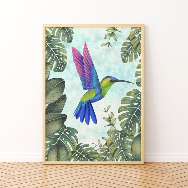 Kolibri Wandkunst, Exotischer Vogel Druck, Dschungel Illustration, Tropisches Wanddekor, Tier Malerei, Kolibri Poster, Wildtier Kunstwerk