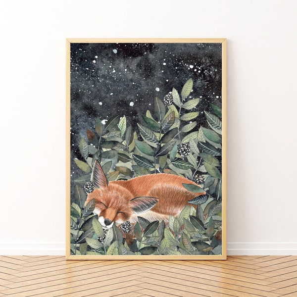 Fox nursery wall art, Fox sleeping print, Forest illustration, Animal painting, Woodland animals, Baby prints, Kids room decor, Foxes poster