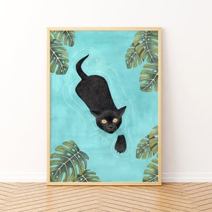 Cat printable wall art, Black cat art print, Cats poster, Jungle illustration, Animal painting, Kitten printables, Downloadable artwork
