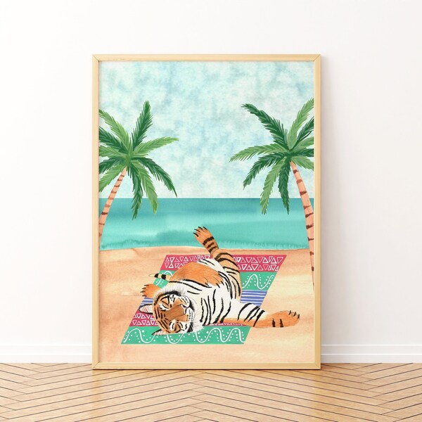 Tiger digital download, Jungle printable art, Tiger art print, Beach home decor, Downloadable artwork, Summer wall art, Kids room decor