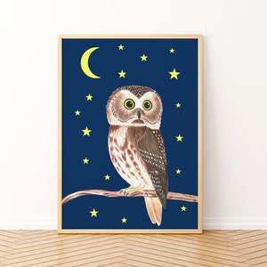 Nachteule Kunstdruck, Vogel Wandbild, Wald Illustration, Kinderzimmer Wanddeko, Sternenhimmel Kunstwerk, Eulen Poster, Tiermalerei, Kunst für Kinder
