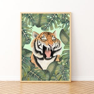 Arte mural de tigre, póster de animales de la selva, impresión artística de la selva tropical, ilustración de la selva, impresión de animales de safari, arte del rugido del tigre, arte de la vida silvestre