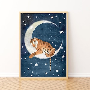 Impresión de tigre durmiendo, arte de pared de tigre, impresiones de guardería, obras de arte del cielo nocturno, pintura de animales, decoración de habitación de niños, póster de luna, ilustración de la jungla