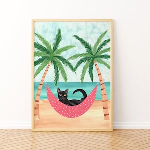 Stampa artistica di gatto nero, stampa murale sulla spiaggia, decorazioni tropicali, opere d'arte estive, regali a tema gatto, illustrazione di gattino, decorazioni per la cameretta dei bambini, stampe per la cameretta dei bambini
