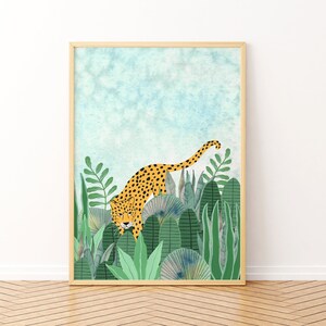 Stampa di animali della giungla, stampa murale di leopardi, pittura tropicale, animali del safari, poster della foresta pluviale, decorazioni per camerette per bambine, illustrazione di leopardi, arte per bambini