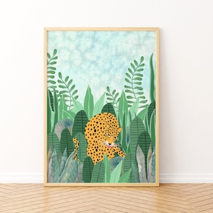 Stampa leopardata della giungla, stampa murale tropicale, poster di animali del safari, dipinto della foresta pluviale, opera d'arte sulla fauna selvatica, decorazioni per la cameretta dei bambini, illustrazione di grandi felini