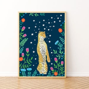 Nacht Leopard Druck, Leopard Wandkunst, Dschungel Illustration, Tier Kunstwerk, Sternenhimmel Gemälde, Kinderzimmer Dekor, Safari Poster