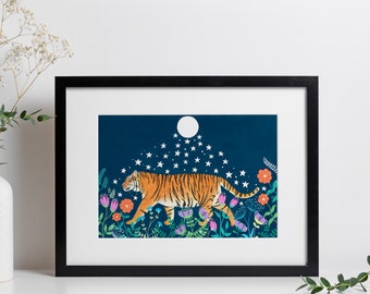Tiger printable art, Jungle animal downloadable art, Night sky digital download, Tiger illustration, Celestial artwork, Safari animals print