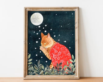 Orange Cat Kimono Art Print: Japanese Kitten Illustration