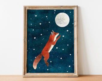 Fox illustration, Forest wall art, Animal art print, Woodland animals, Celestial artwork, Moon and stars, Baby wall decor, Kids room prints