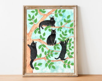 Art mural chat noir, illustration de chaton, portrait d'animal de compagnie, impression de chats, cadeaux sur le thème des chats, peinture animalière, oeuvre d'art nature, décoration de chambre d'enfant