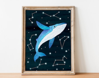 Whale wall art, Sea art print, Animal illustration, Nursery prints, Sky night artwork, Constellations art, Kids room decor, Marine animals