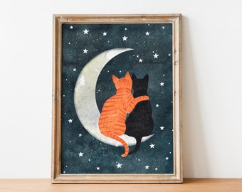 Cats and moon print, Black cat wall art, Ginger cat painting, Animal illustration, Celestial artwork, Kids room decor, Nursery prints