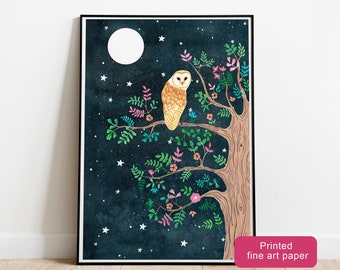 Barn owl artwork, Owls illustration, Night sky painting, Forest animals kids wall decor, Night sky art print, Woodland poster, owl drawing