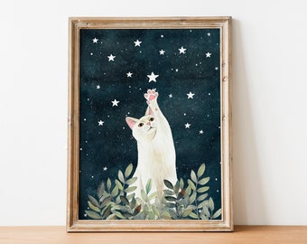 White cat wall art, Night sky art print, Animal illustration, Nursery prints, Kids room decor, Celestial painting, Moon artwork, Cats poster