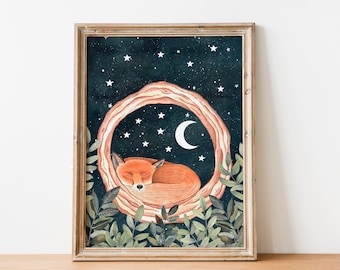 Sleeping fox print, Fox wall art, Forest illustration, Nursery prints, Baby wall decor, Animal painting, Woodland animals, Night sky artwork