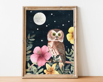 Owl Nursery Print: Forest Animal Illustration, Moon Artwork