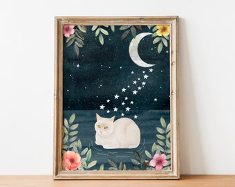 May include: A framed watercolor illustration of a white cat with yellow eyes, lying in a pool of water under a crescent moon and a starry night sky. The image is surrounded by floral details.