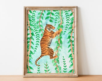 Tijger kunst aan de muur, Jungle art print, Dierlijke illustratie, Safari dieren, Regenwoud schilderen, Kinderkamer decor, Kwekerij prenten, Tijgers artwork