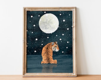 Tiger wall art print, Tiger swimming art, Night sky painting, Jungle illustration, Celestial wall decor, Animal artwork, Safari animals
