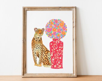 オリジナルのヒョウの絵画、額装済みミクストメディアファインアート