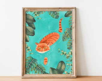 Orange cat wall art, Animal illustration, Kitten painting, Kids room decor, Ginger cat artwork, Cat themed gifts, Nursery prints
